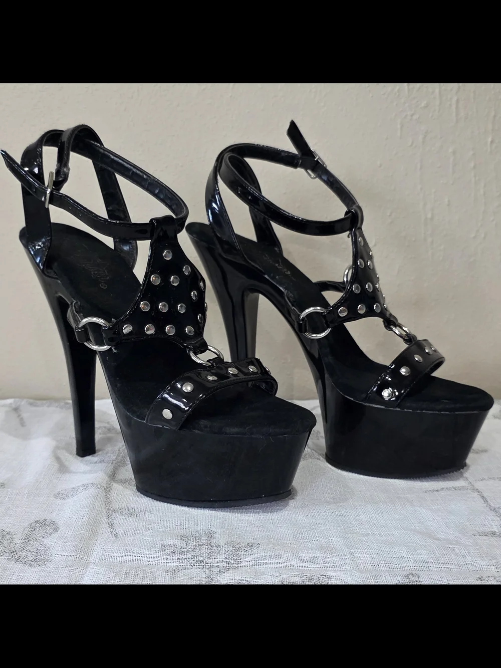 Pleaser Black Patent Platform Stiletto Heels with Stud Accents - Picture 4 of 8